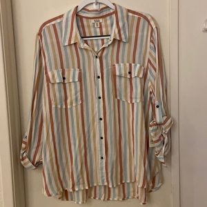 New a.n.a button down blouse. White with green, brown and tan stripes.